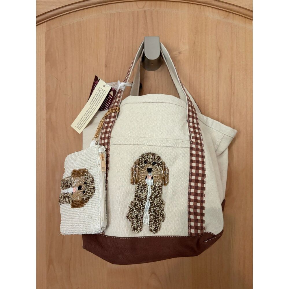 Beaded Goldendoodle Canvas Tote Bag & Matching Beaded Coin Pouch Set NWT
